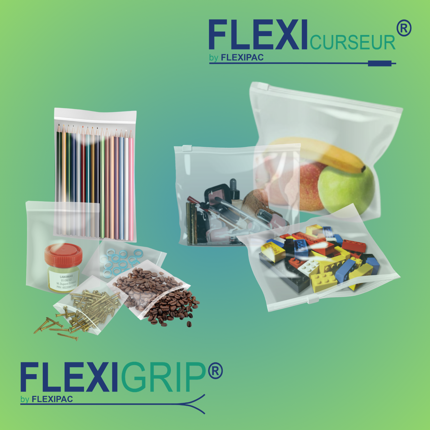 Image représentant des sachets zip transparents avec et sans curseur contenant divers produits alimentaires et non alimentaires. Le logo flexigrip est en bas de l'image et le logo Flexicurseur est en haut de l'image