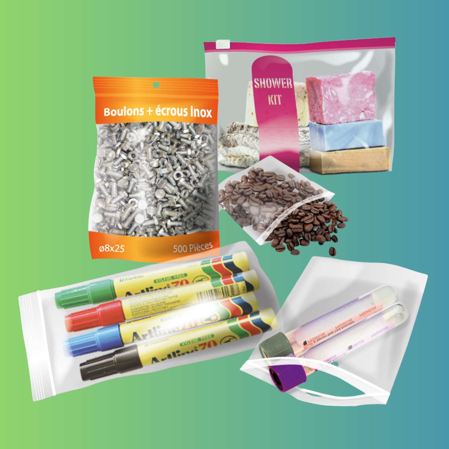 Image représentant des sachets zip transparents avec et sans curseur, avec et sans impression, contenant divers produits alimentaires et non alimentaires
