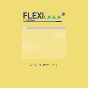 Image représentant un sachet zip transparent avec curseur sur un arrière-plan jaune avec le logo Flexicurseur by Flexipac en haut et la dimension et l'épaisseur en bas