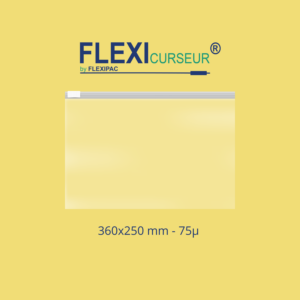 Image représentant un sachet zip transparent avec curseur sur un arrière-plan jaune avec le logo Flexicurseur by Flexipac en haut et la dimension et l'épaisseur en bas