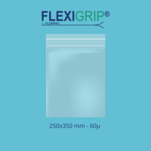 Image représentant un sachet zip transparent sur un arrière-plan bleu avec le logo Flexigrip by Flexipac en haut et la dimension et l'épaisseur en bas