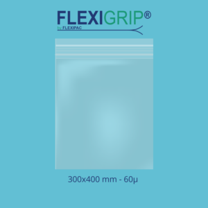 Image représentant un sachet zip transparent sur un arrière-plan bleu avec le logo Flexigrip by Flexipac en haut et la dimension et l'épaisseur en bas