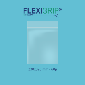 Image représentant un sachet zip transparent sur un arrière-plan bleu avec le logo Flexigrip by Flexipac en haut et la dimension et l'épaisseur en bas
